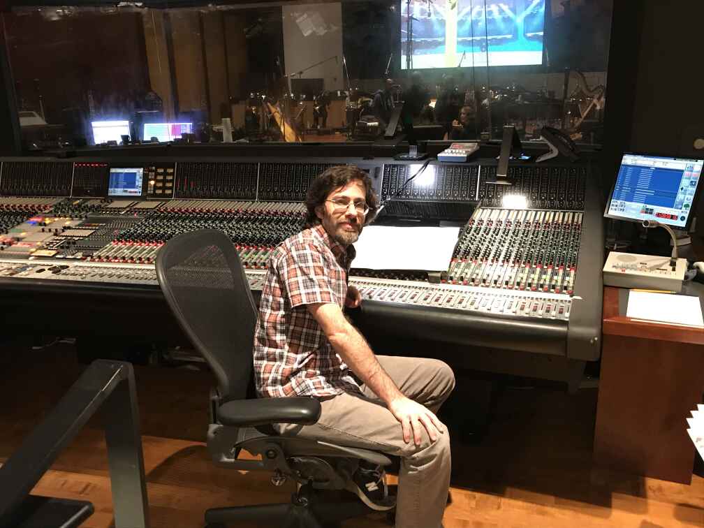 Film composer Gad Emile Zeitune at the mixing console during an orchestral scoring session